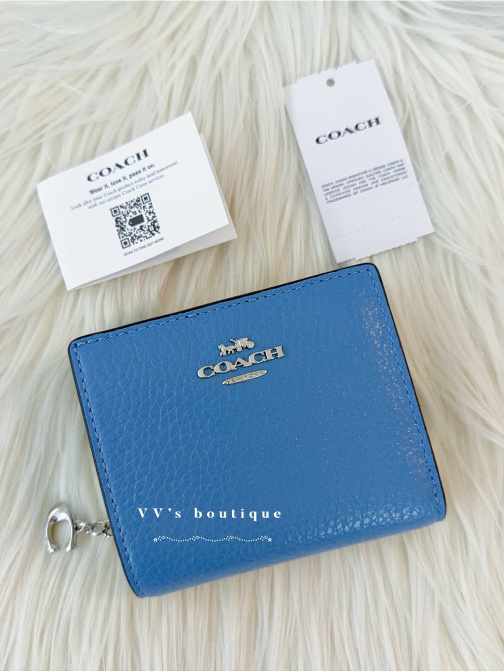 NWT Coach Small Bifold ID Snap Wallet Pebble Leather Silver Pool Blue CBO77 RARE